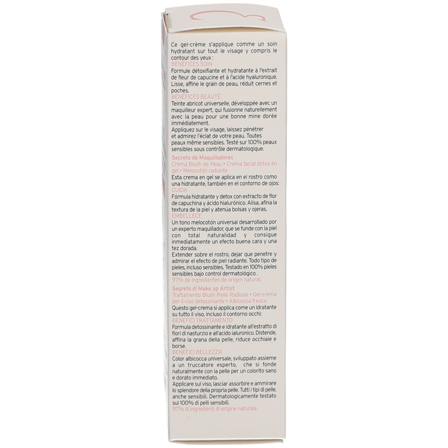 Produktverpackung. Text in mehreren Sprachen. Inhaltsstoffe, Anwendungshinweise und Herstelleradresse. 97% natürliche Inhaltsstoffe.