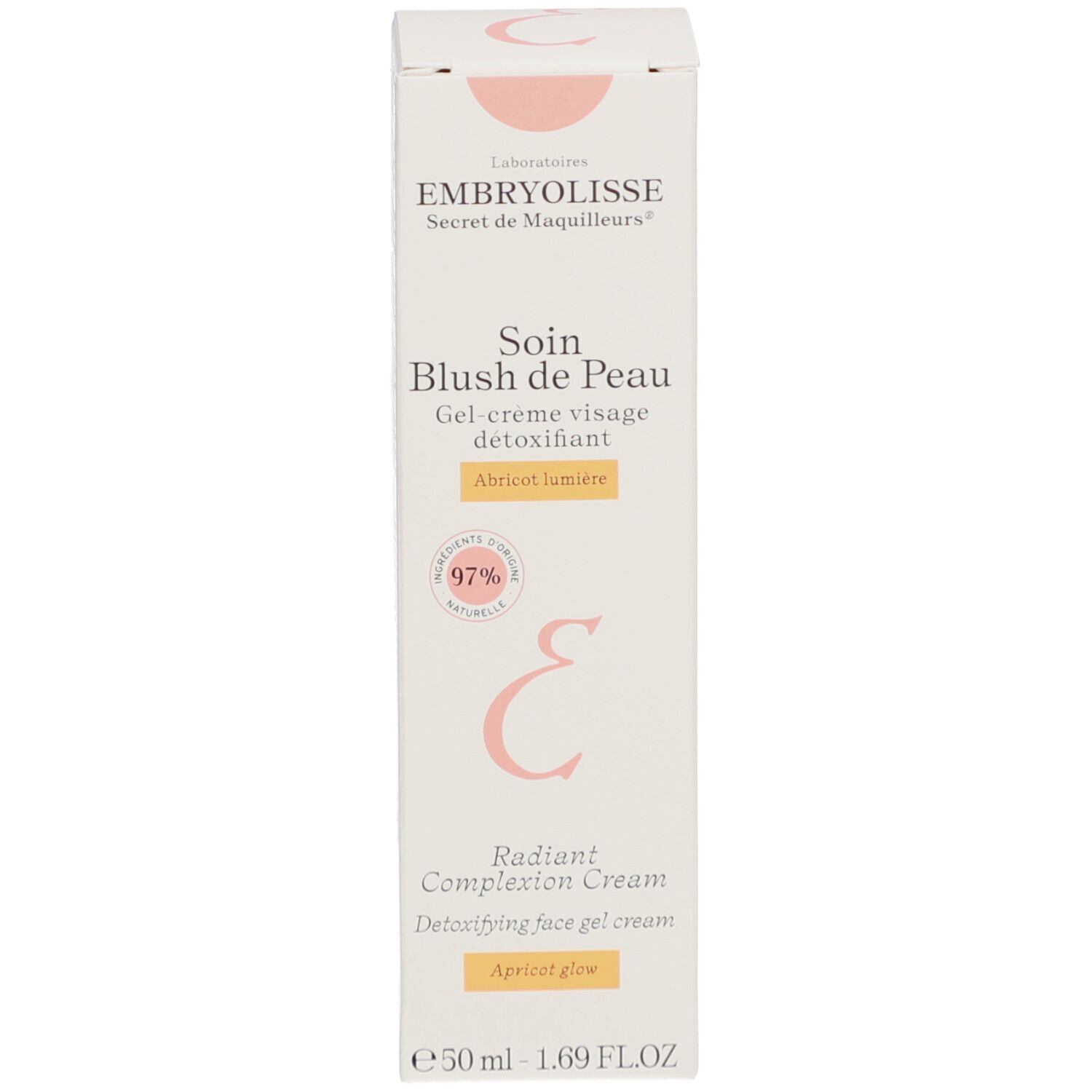 Produktverpackung. Karton mit Produktnamen und Markennamen. Text: Soin Blush de Peau, Apricot lumière. 97% natürliche Inhaltsstoffe.