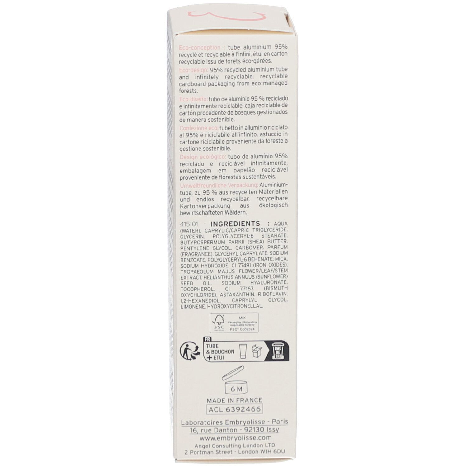 Rückseite der Produktverpackung. Text in mehreren Sprachen. Inhaltsstoffe, Recycling-Informationen und Herstelleradresse.