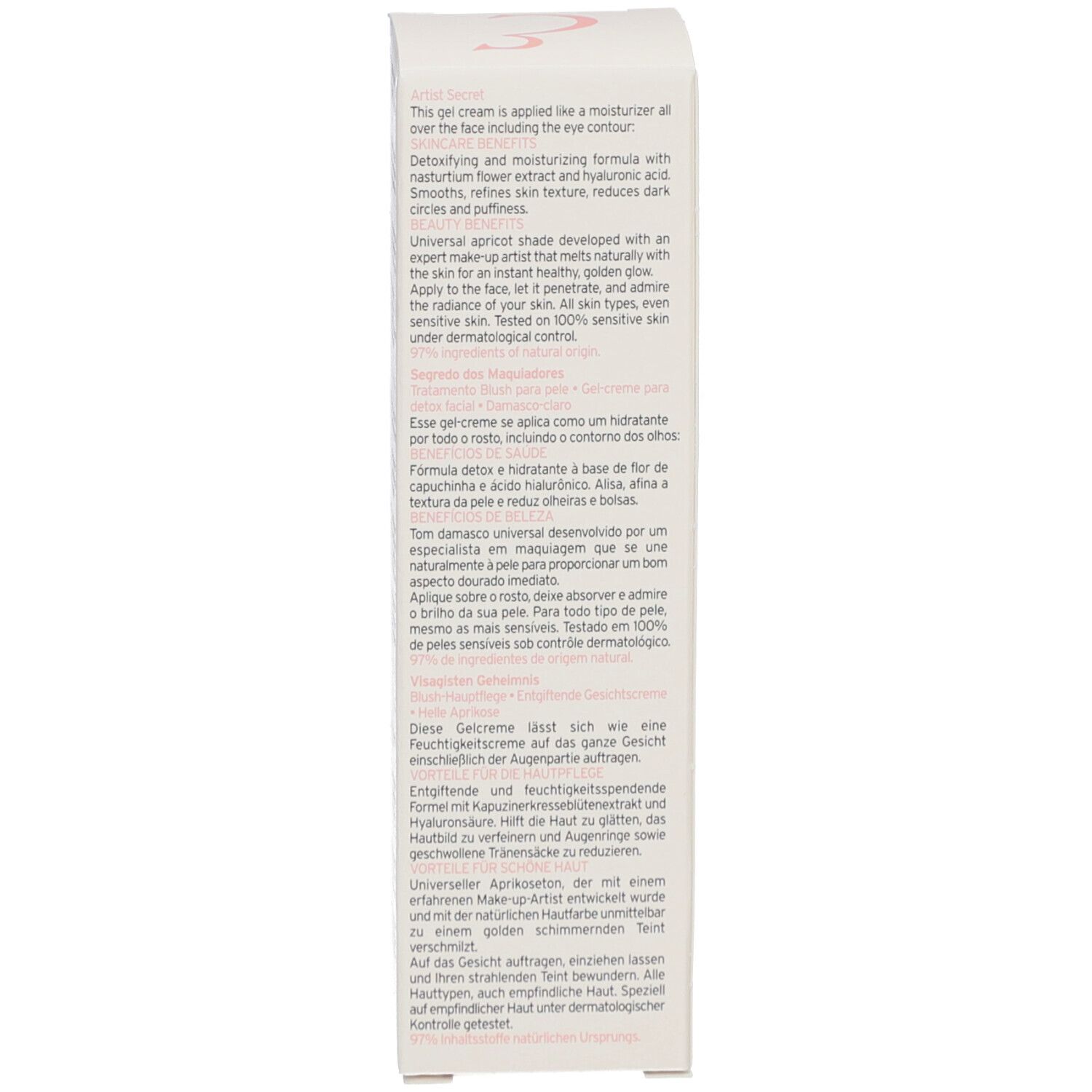 Seite der Produktverpackung. Text in mehreren Sprachen. Produktbeschreibung, Anwendungshinweise und Herstelleradresse.