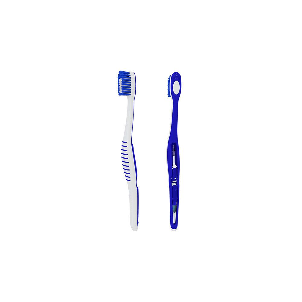 Zwei blaue und weiße Zahnbürsten. Eine mit weißem Griff, die andere ganz blau.