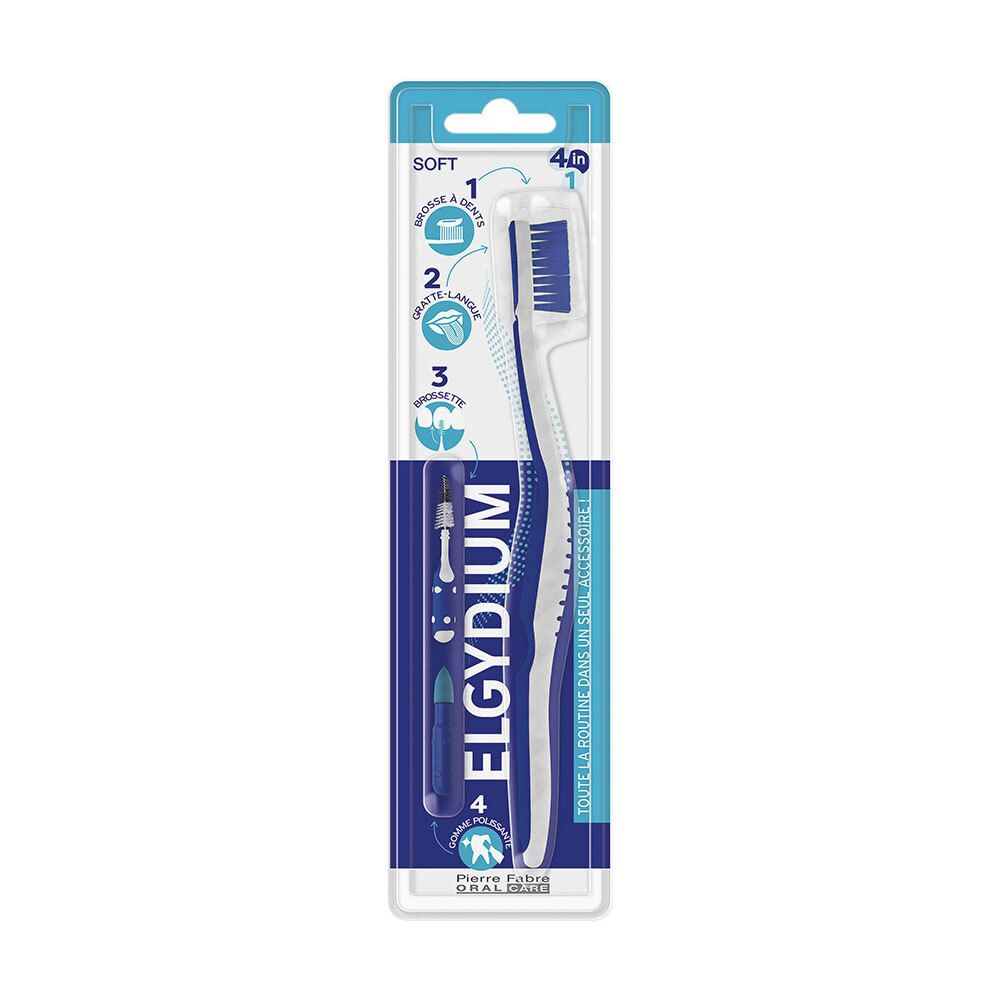 Verpackung mit einer weißen und blauen Zahnbürste. Auf der Verpackung steht 'Elgydium 4 en 1'.