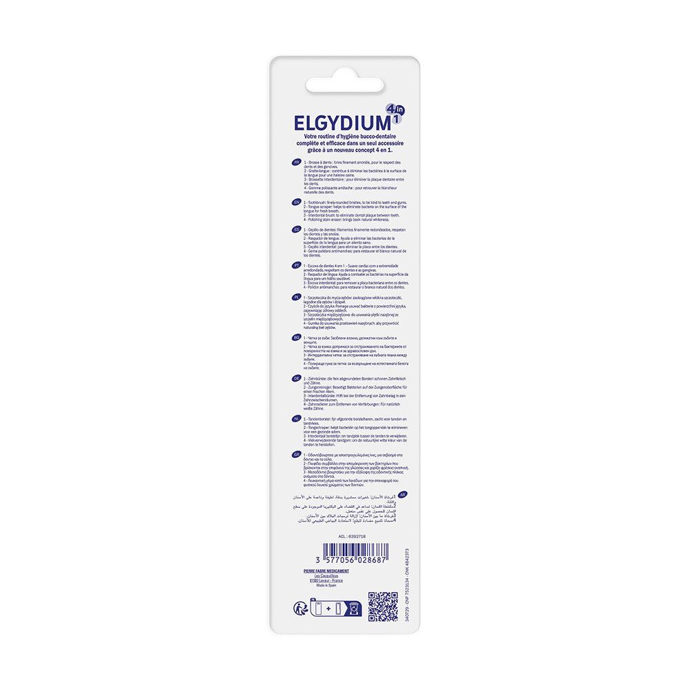 Rückseite der Verpackung mit Text. 'Elgydium 4 en 1' ist oben abgebildet.