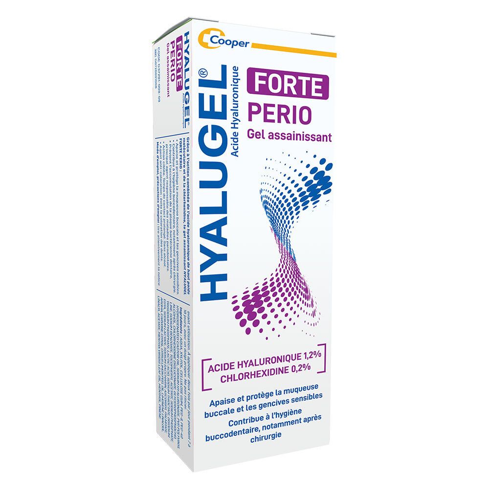 Emballage de Hyalugel® Forte Perio. Blanc, avec éléments bleus et violets. Texte: Hyalugel, Forte Perio, Acide Hyaluronique.