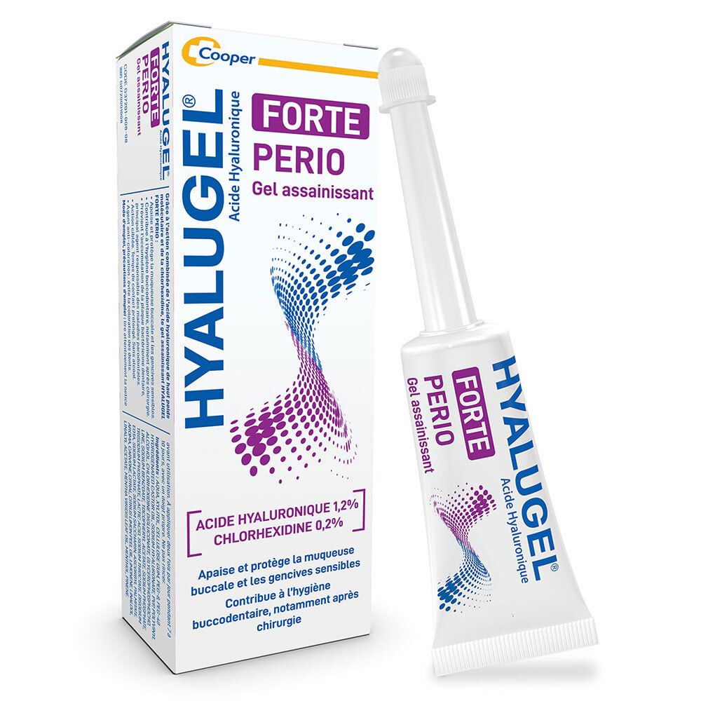 Emballage et tube de Hyalugel® Forte Perio. Blanc, avec éléments bleus et violets. Texte: Hyalugel, Forte Perio, Acide Hyaluronique.