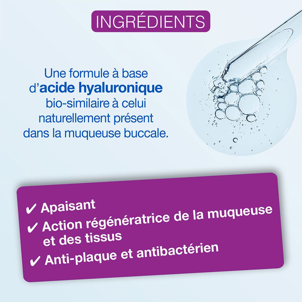 Graphique des ingrédients. Goutte avec texte: Acide hyaluronique. Fond violet avec coches vertes.