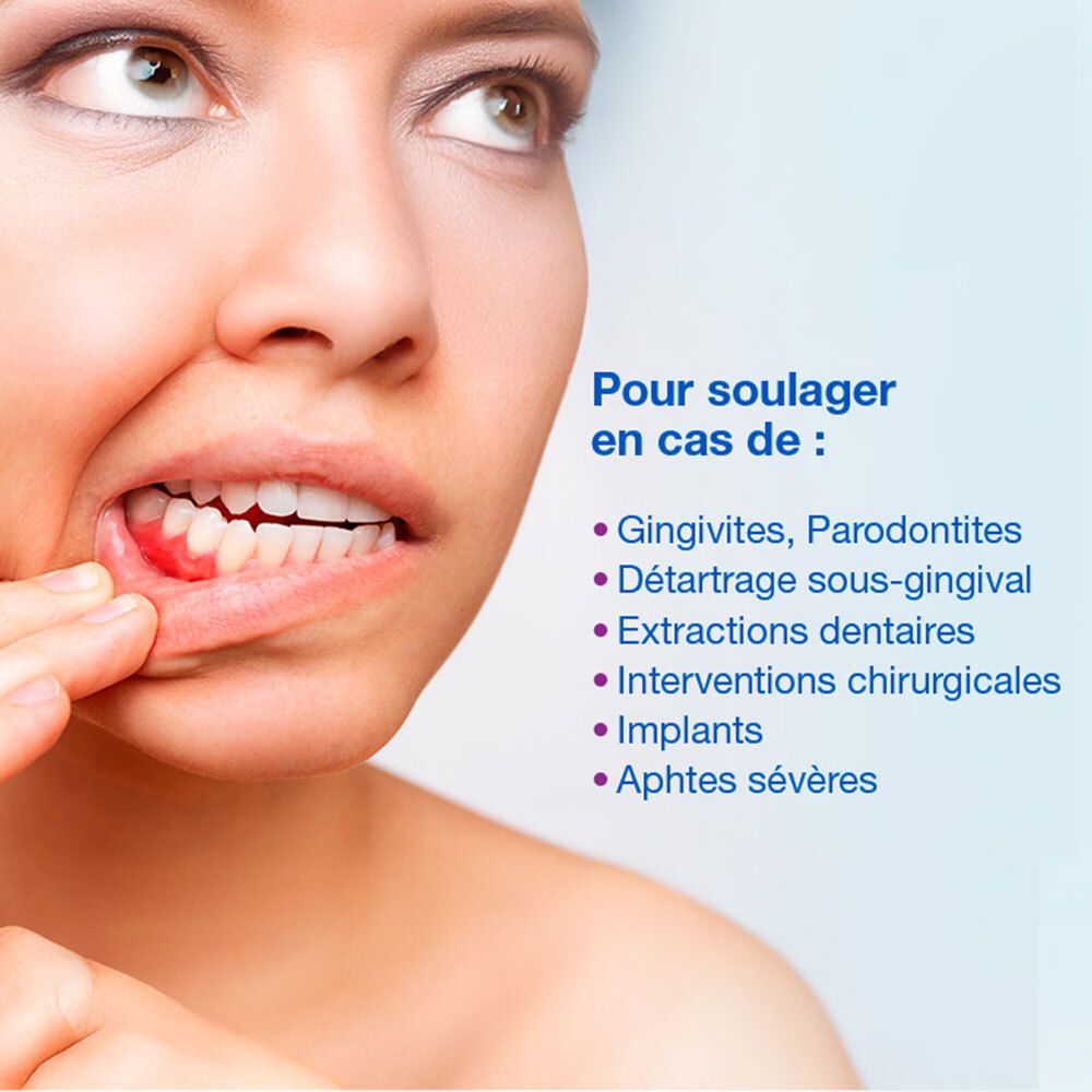 Femme avec problèmes buccaux. Texte: Gingivites, Parodontites, Détartrage, Extractions dentaires, Implants, Aphtes sévères.