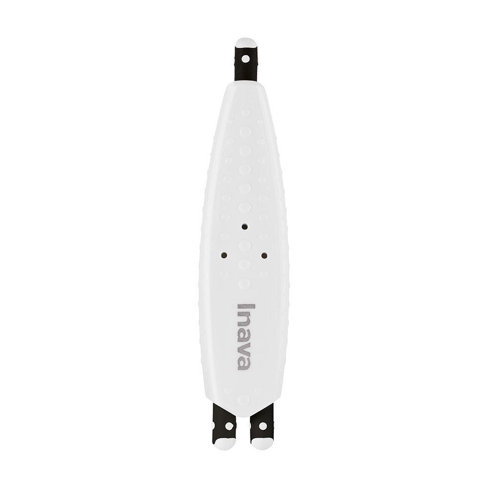 Weißes INAVA-Produkt mit schwarzem Griff. Drei schwarze Punkte. Aufschrift "Inava".