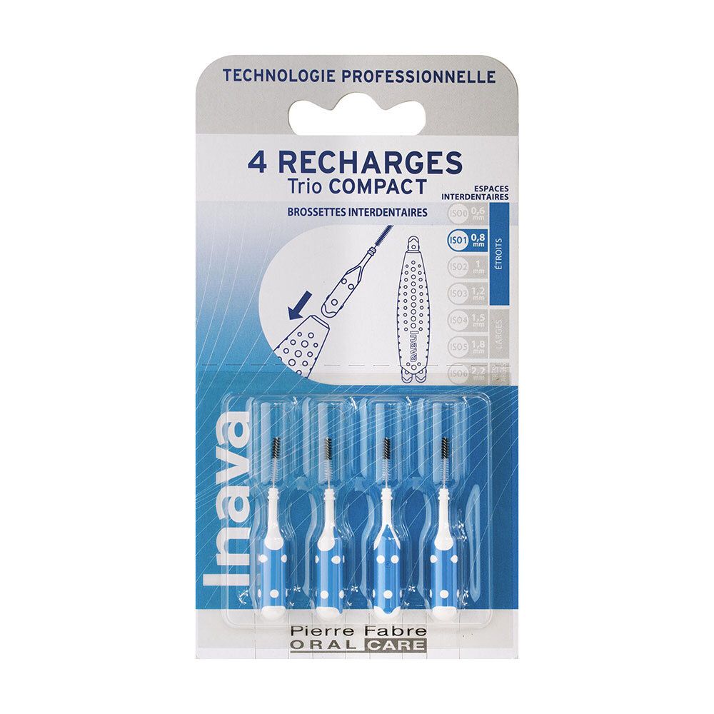 Paquet de 4 recharges Inava Trio Compact 0,8 mm. Brossettes bleues et blanches en blister. Pierre Fabre Oral Care.