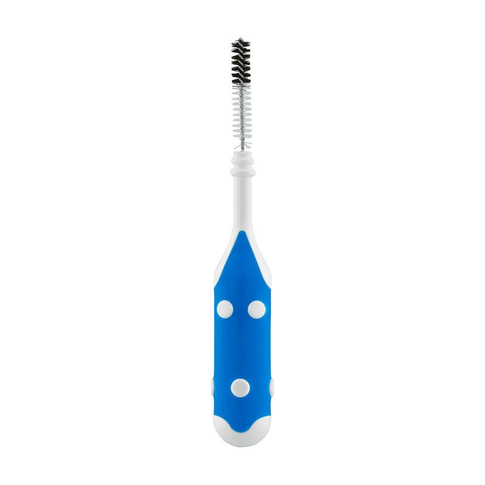 Brosse interdentaire bleue et blanche à pois blancs. Soies noires. Manche avec tête blanche.