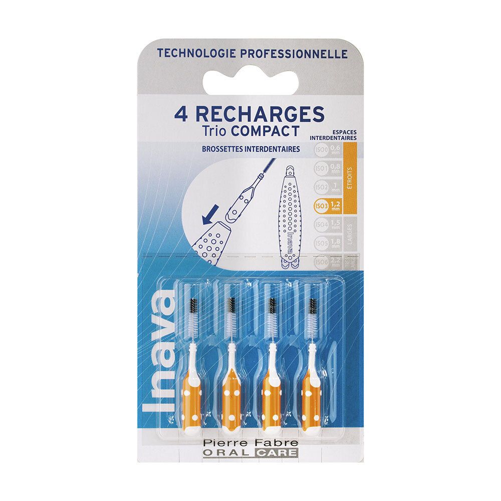 Verpackung mit 4 Inava Trio Compact Bürsten. Orange-weiß-farbene Griffe, schwarze Borsten. Produktname und Marke sichtbar.