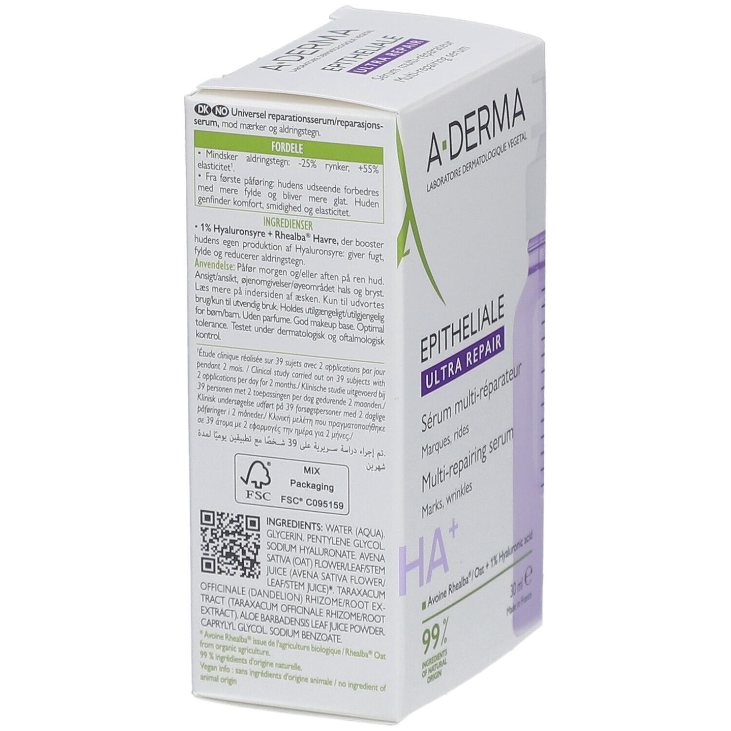 Rückseite der A-DERMA Epitheliale Ultra Repair Verpackung. Text in mehreren Sprachen. FSC-Zertifizierung.