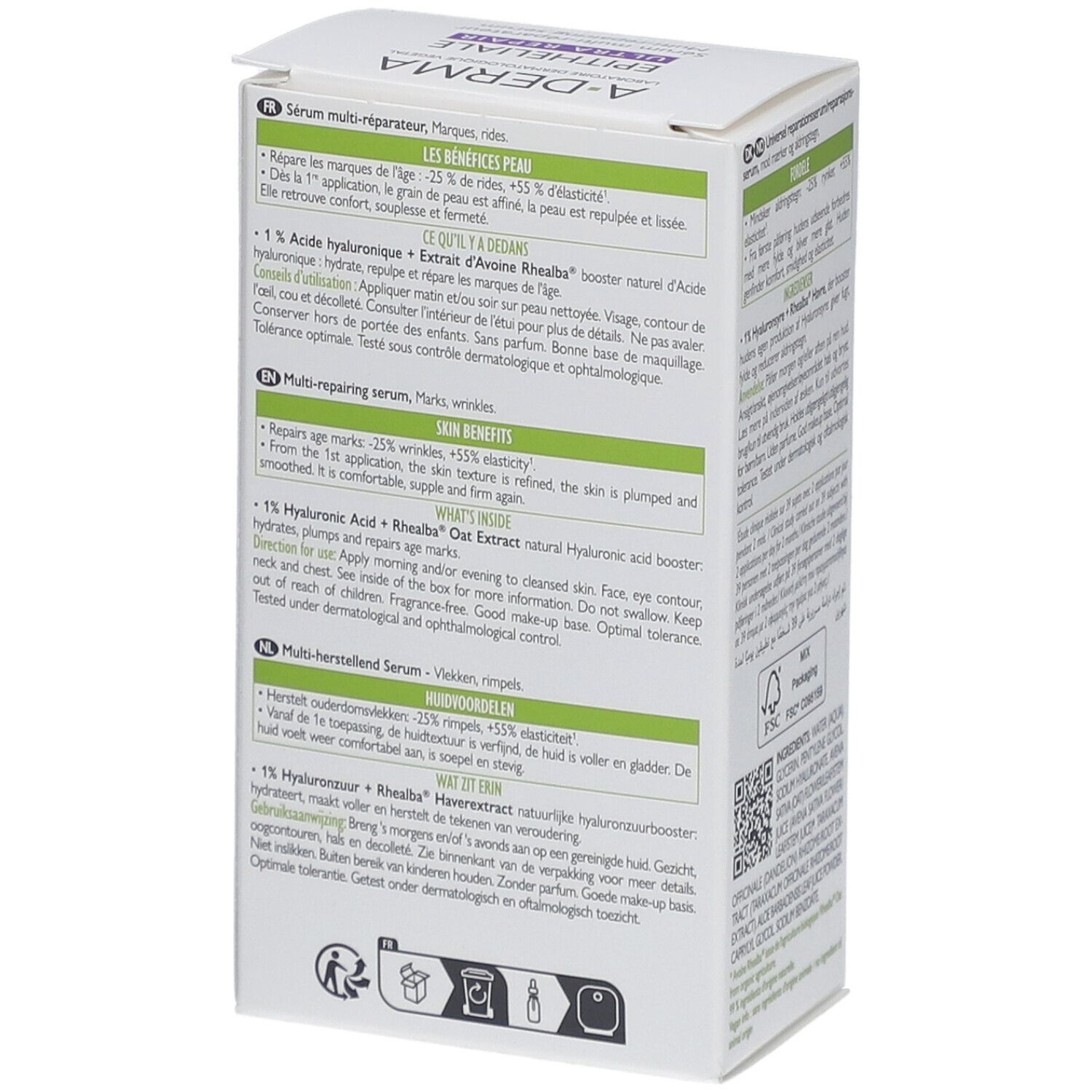 Seite der A-DERMA Epitheliale Ultra Repair Verpackung. Text in mehreren Sprachen. Produktinformationen.