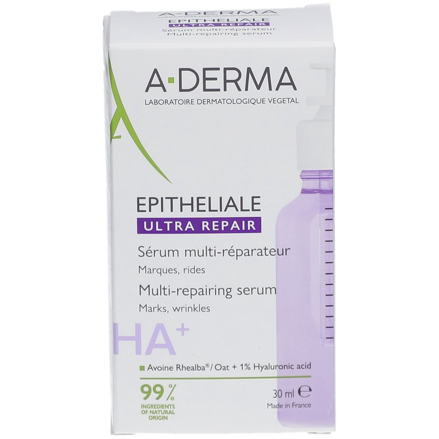 A-DERMA Epitheliale Ultra Repair Serum-Verpackung. Weißer Karton mit Produktabbildung und Text. Flasche mit Pumpe.
