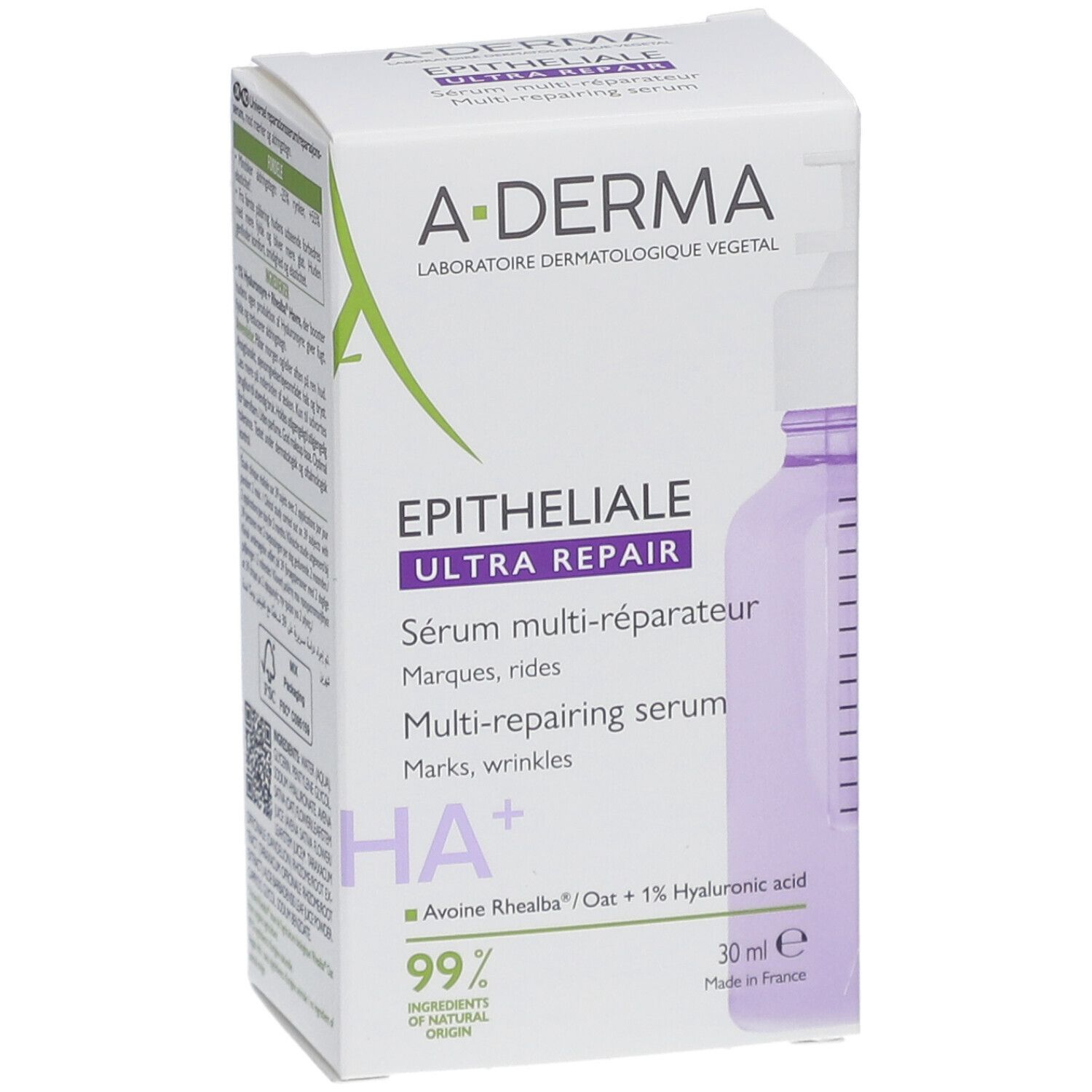 A-DERMA Epitheliale Ultra Repair Serum-Verpackung. Weißer Karton mit Produktabbildung und Text. Flasche mit Pumpe.