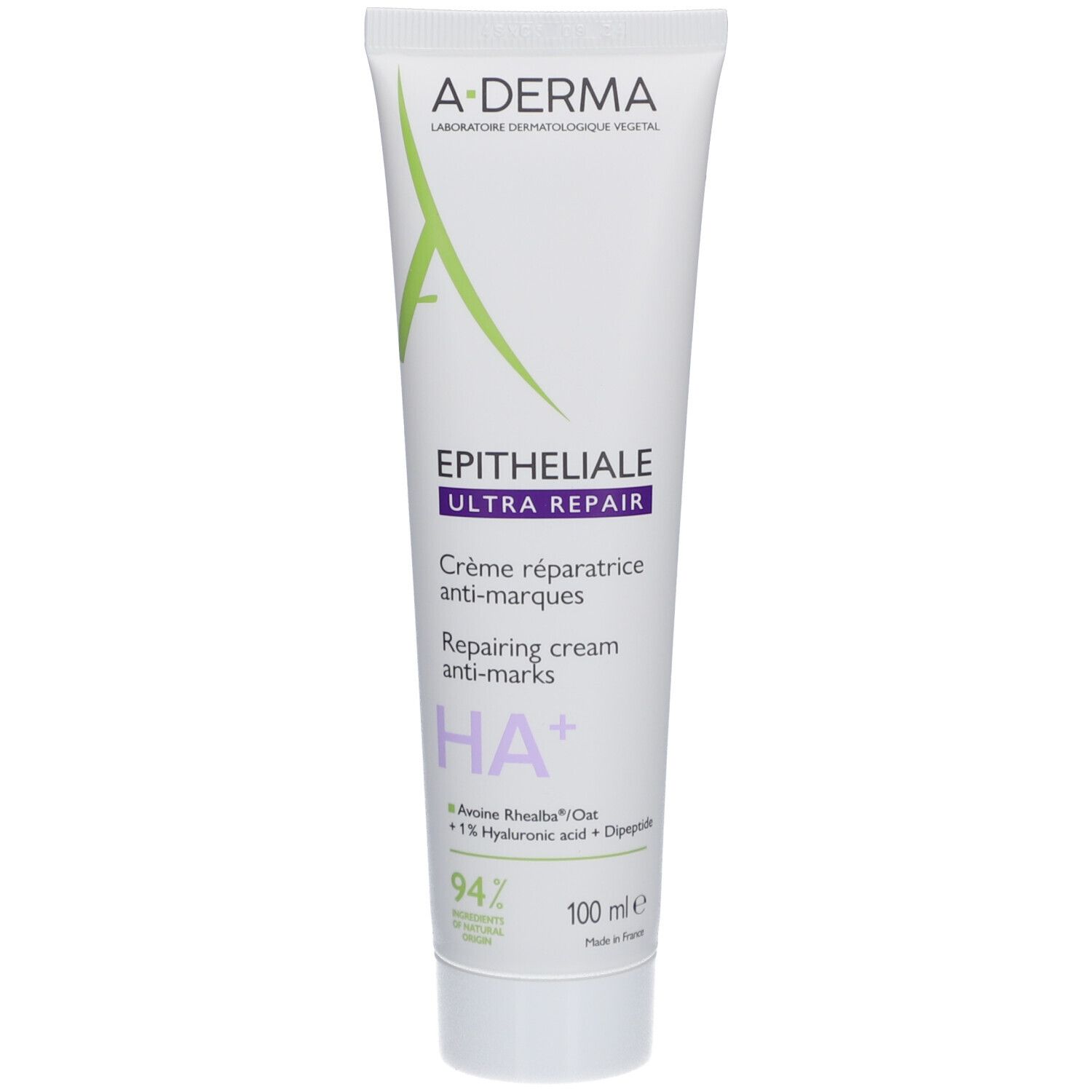 Tube blanc A-DERMA Epitheliale Ultra Repair. Inscription: Crème réparatrice anti-marques. Ingrédients et logo vert.