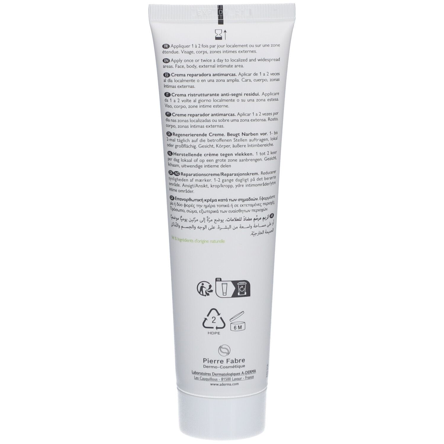 Dos du tube A-DERMA Epitheliale Ultra Repair. Texte multilingue. Logo du fabricant et symboles de recyclage.
