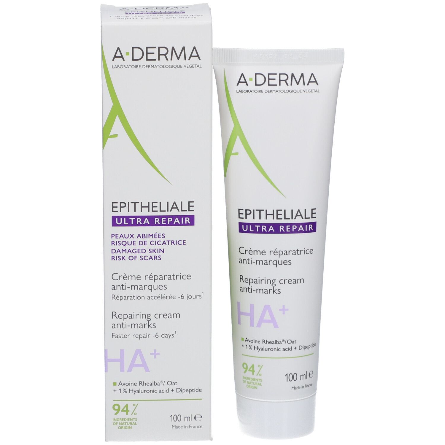 A-DERMA Epitheliale Ultra Repair crème avec emballage. Tube et boîte avec informations et logo.