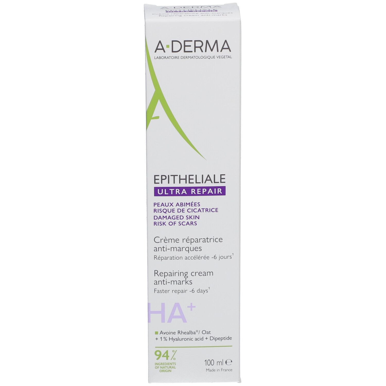 Emballage A-DERMA Epitheliale Ultra Repair. Boîte blanche avec nom, logo et informations produit.
