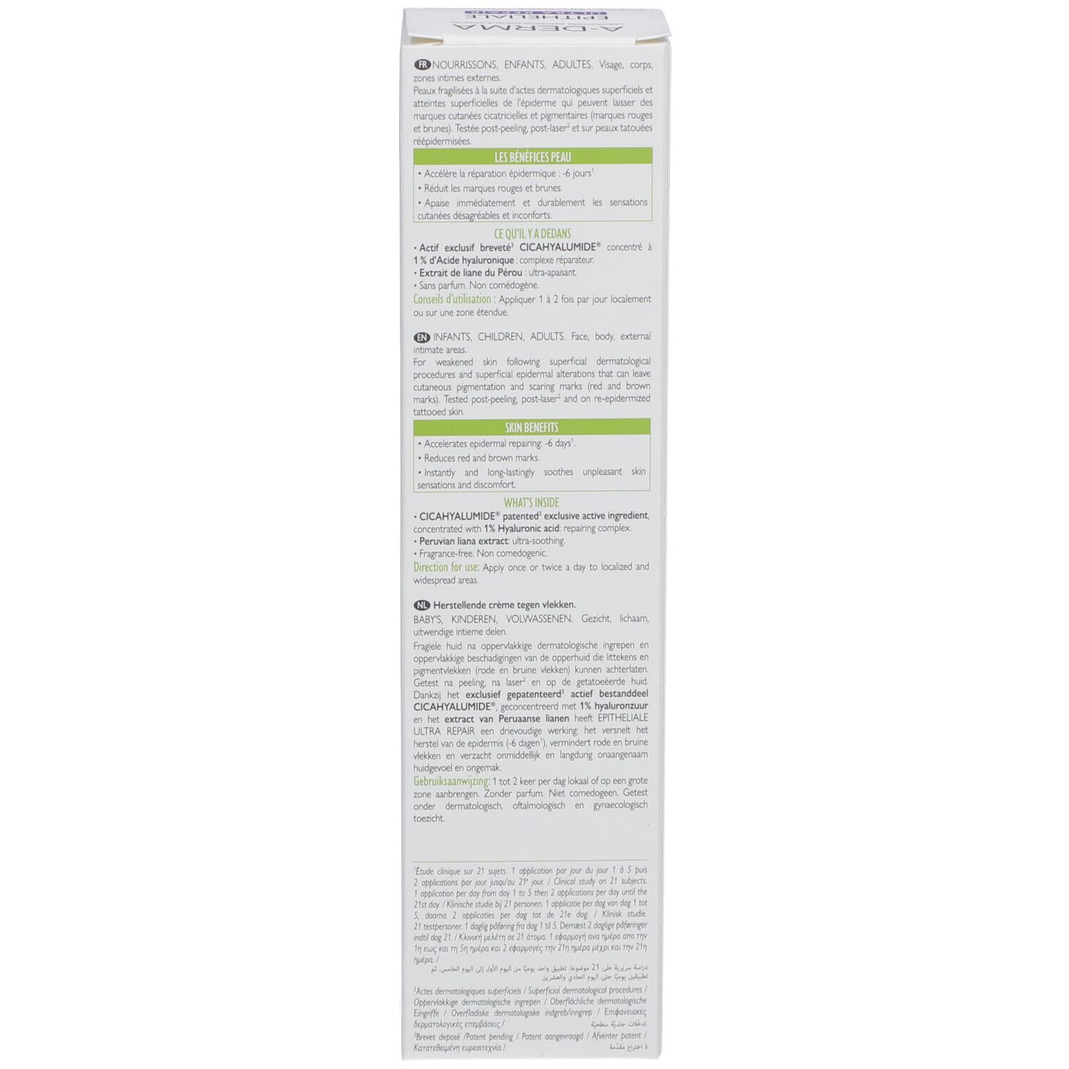 Côté de l'emballage A-DERMA Epitheliale Ultra Repair. Informations et instructions en plusieurs langues.