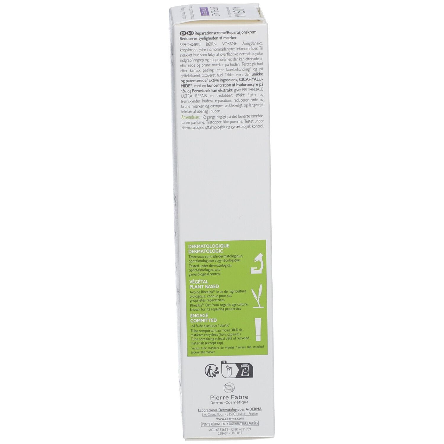 Côté de l'emballage A-DERMA Epitheliale Ultra Repair. Informations fabricant, logos et symboles de recyclage.