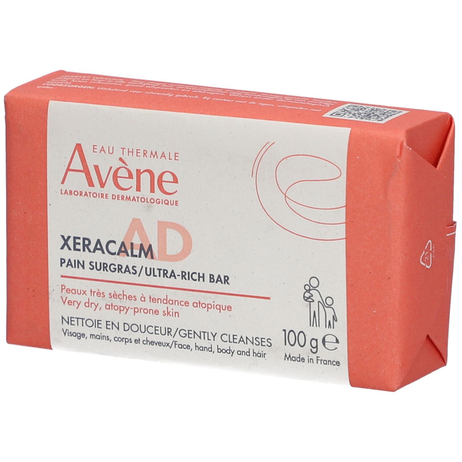 Emballage d'un pain surgras Avene XeraCalm AD. Inscription: Pain Surgras/Ultra-Rich Bar. Pour peaux très sèches à tendance atopique. 100g.