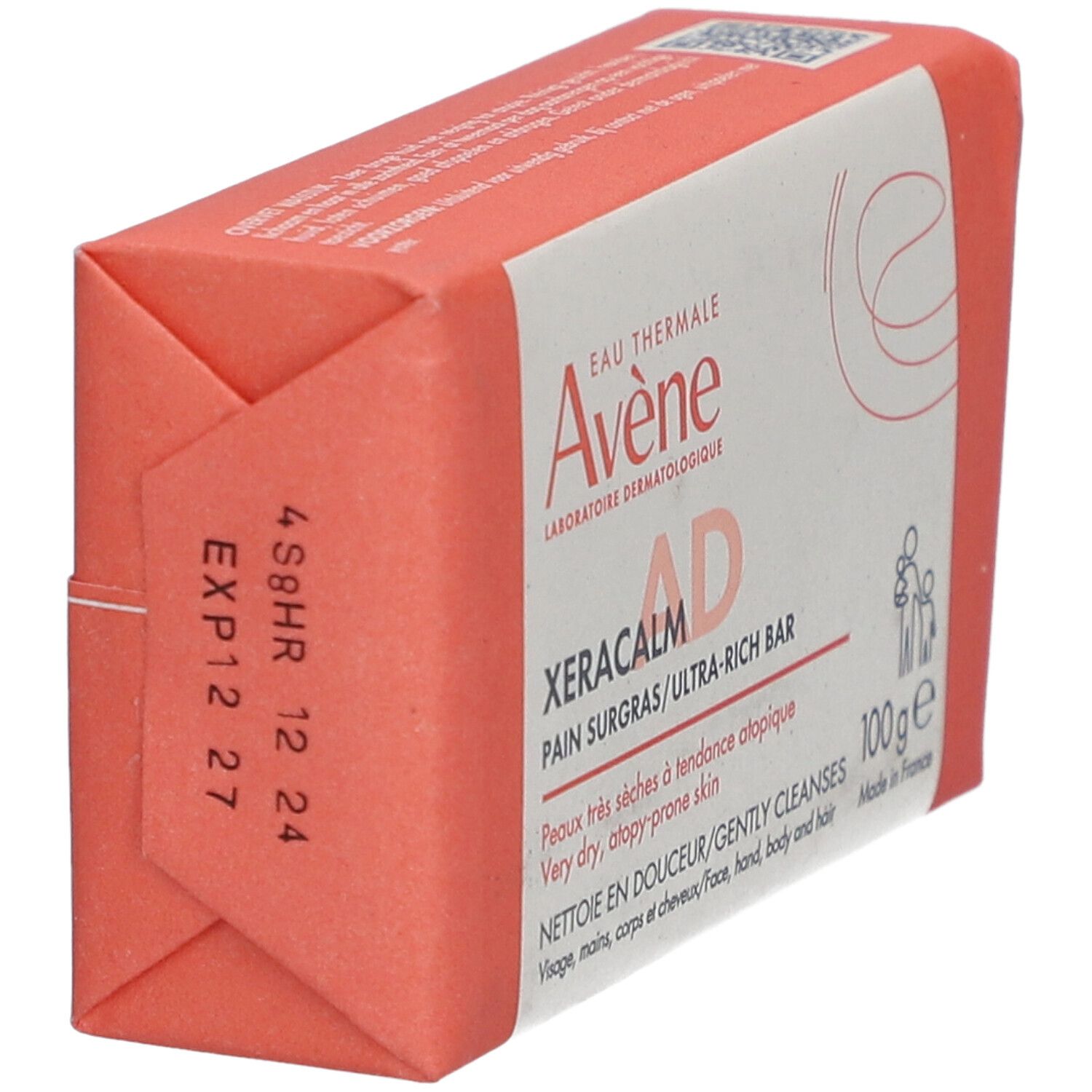 Emballage d'un pain surgras Avene XeraCalm AD. Date de péremption: EXP12 27. Pour peaux très sèches à tendance atopique. 100g.
