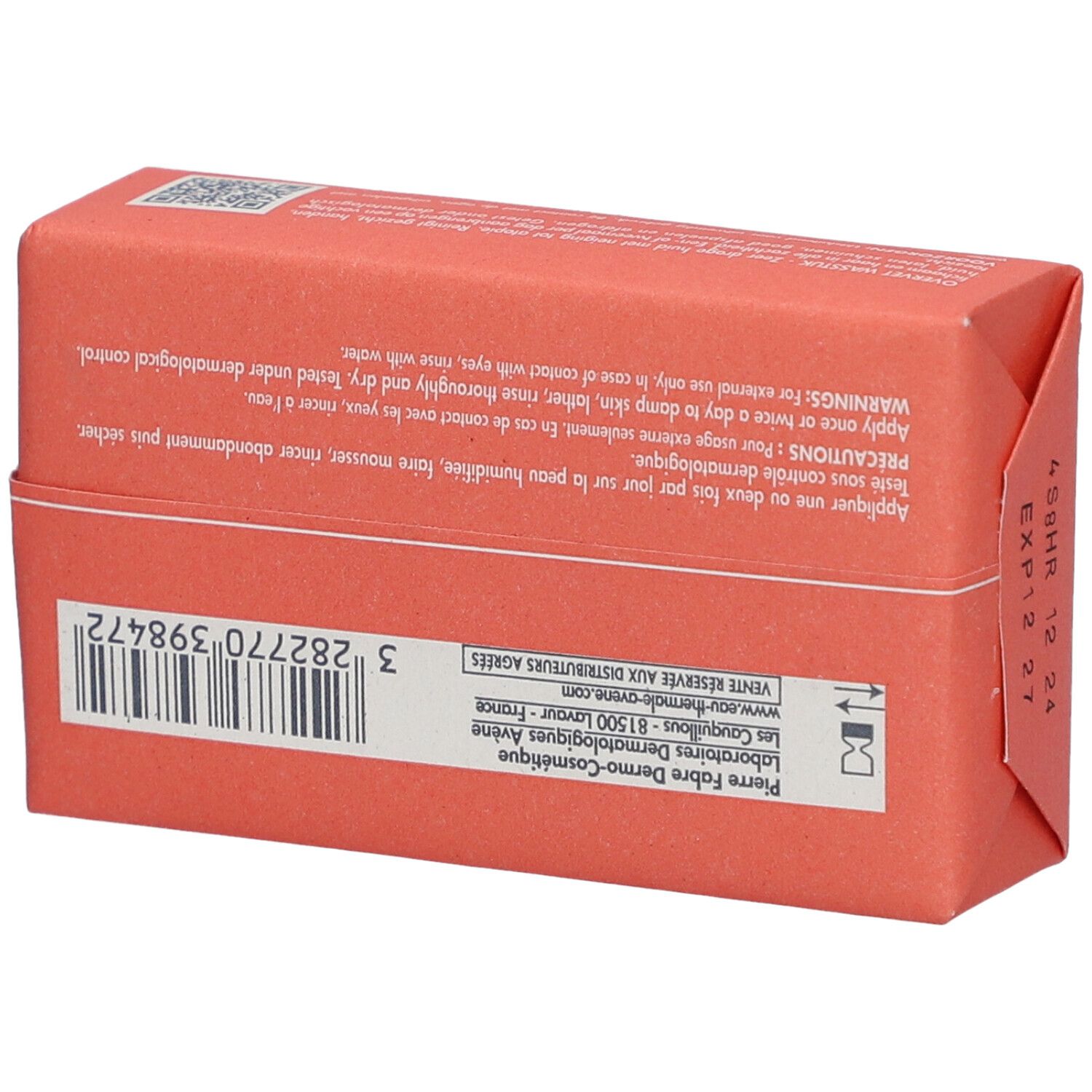 Dos de l'emballage du pain surgras Avene XeraCalm AD. Inscriptions: avertissements et ingrédients. Pour peaux très sèches à tendance atopique. 100g.