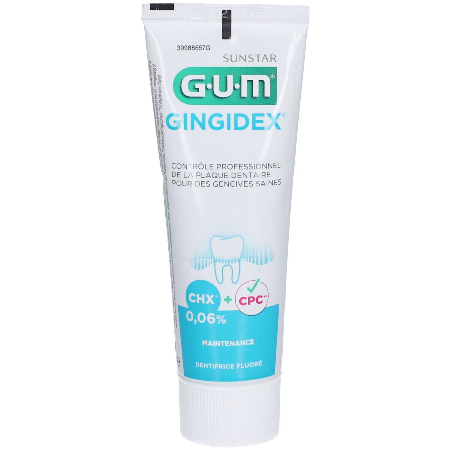 Tube de dentifrice GUM Gingidex. Tube blanc et bleu avec nom du produit, ingrédients et logo. Dentifrice au fluor.