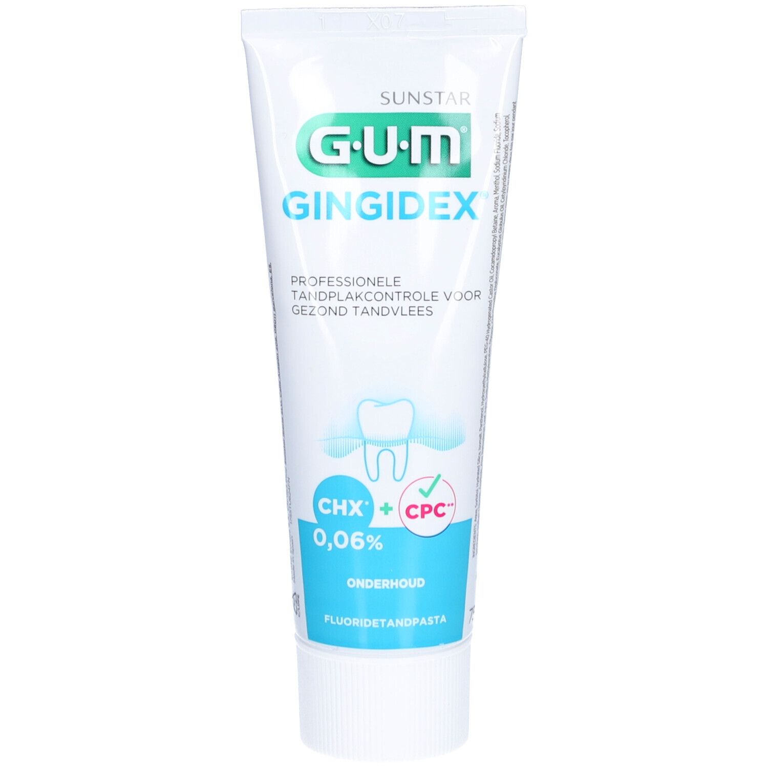 Tube de dentifrice GUM Gingidex. Tube blanc avec nom du produit, ingrédients et logo. Dentifrice au fluor.