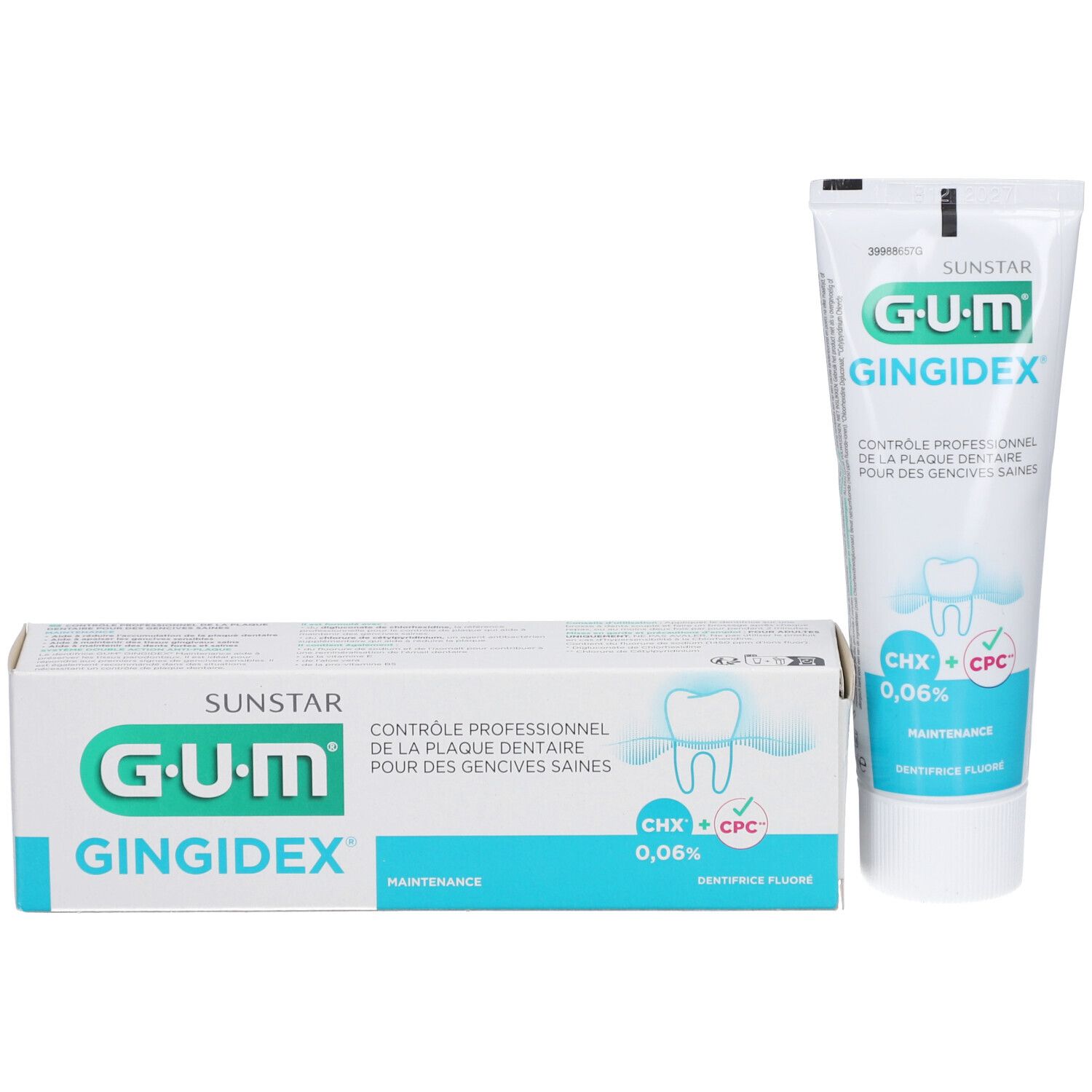 Dentifrice GUM Gingidex et emballage. Boîte blanche et tube avec nom du produit, ingrédients et logo. Dentifrice au fluor.