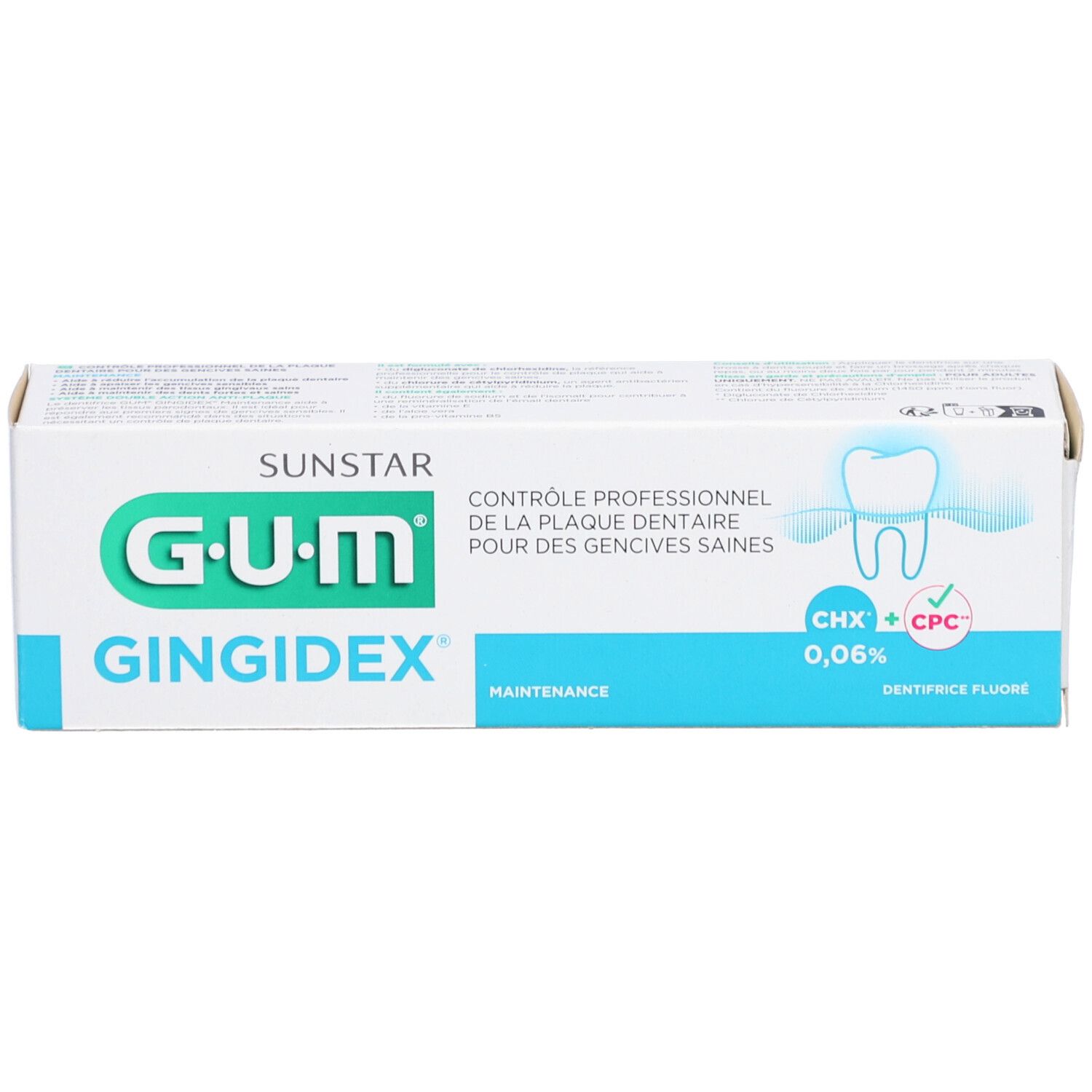 Emballage de dentifrice GUM Gingidex. Boîte blanche avec nom du produit, ingrédients et logo. Dentifrice au fluor.