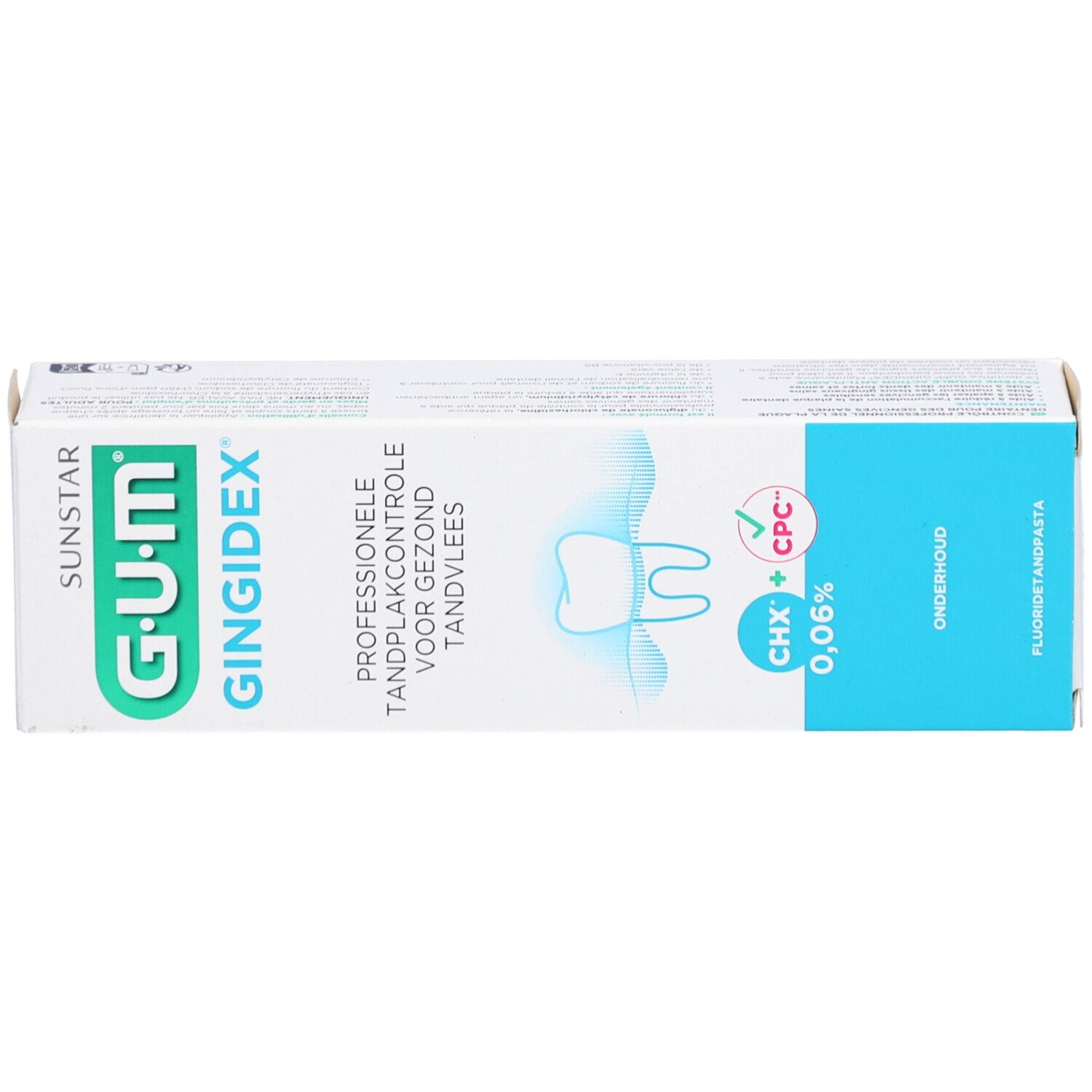 Emballage de dentifrice GUM Gingidex. Boîte blanche avec nom du produit, ingrédients et logo. Dentifrice au fluor.