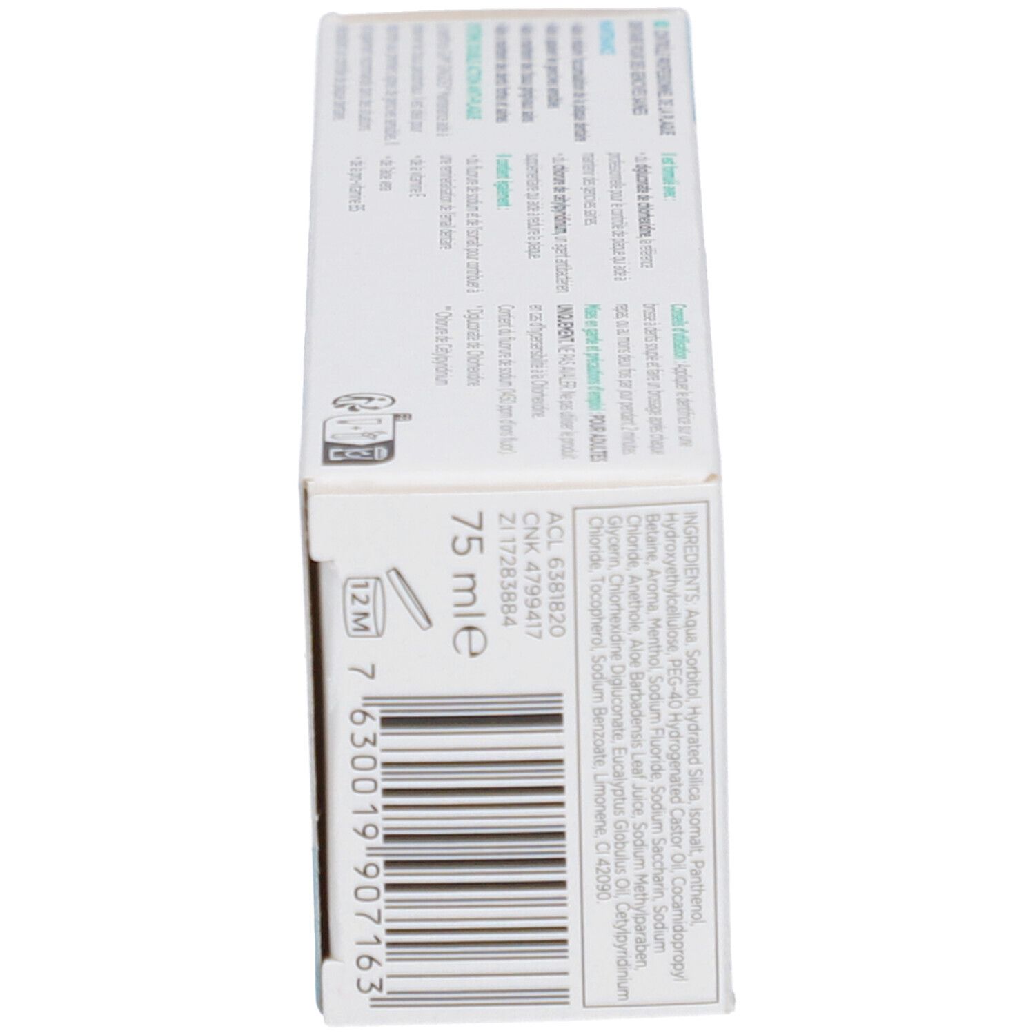 Emballage de dentifrice GUM Gingidex. Boîte blanche avec informations, ingrédients et logo.