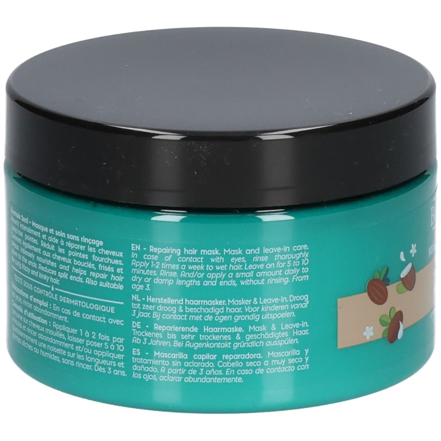 Pot de masque capillaire turquoise avec couvercle noir. Contient des informations produit multilingues.
