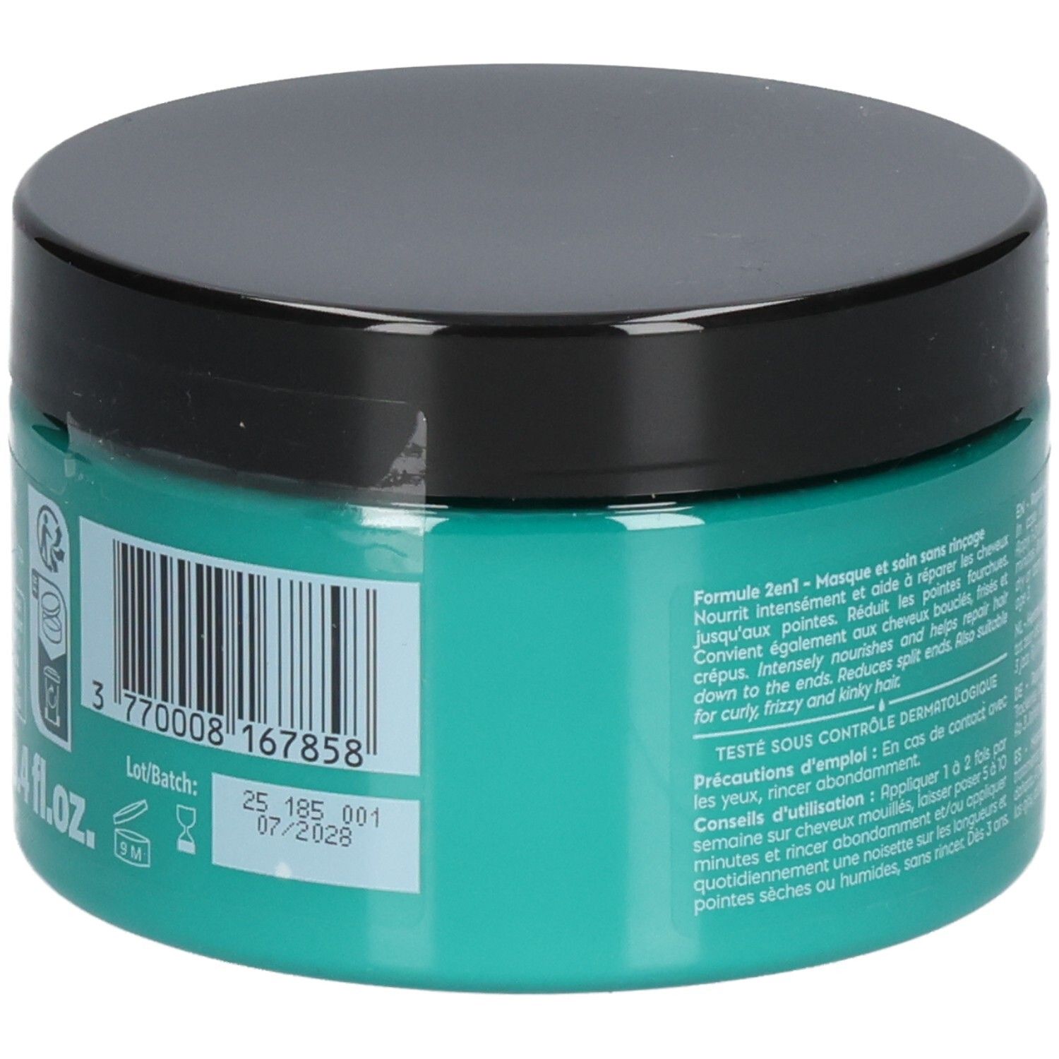 Pot turquoise avec couvercle noir, code-barres et numéro de lot.