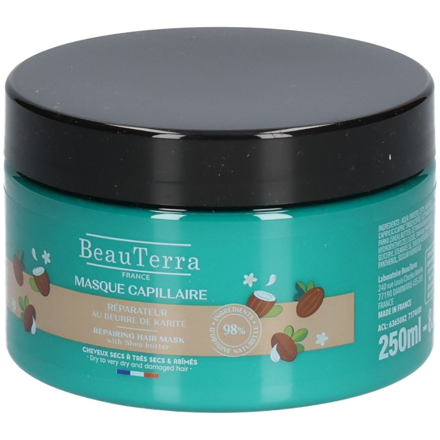 Pot turquoise de masque capillaire avec couvercle noir. BeauTerra Masque Capillaire Réparateur au Beurre de Karité pour cheveux secs et abîmés. 250ml.
