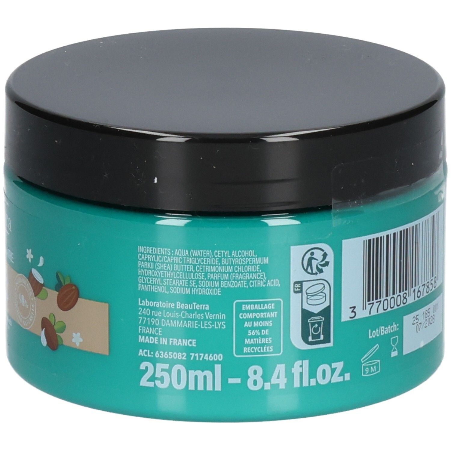 Pot turquoise avec couvercle noir, 250ml. Liste des ingrédients et code-barres visibles.