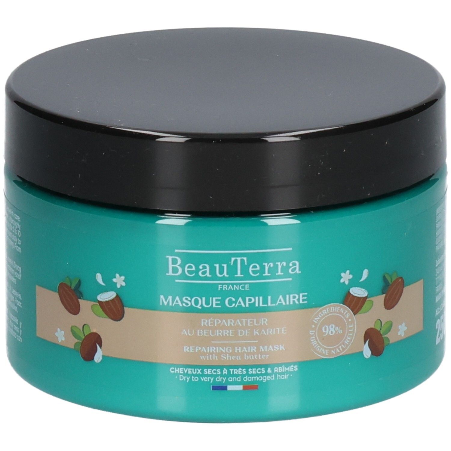 Pot turquoise avec couvercle noir, BeauTerra Masque Capillaire Réparateur au Beurre de Karité.