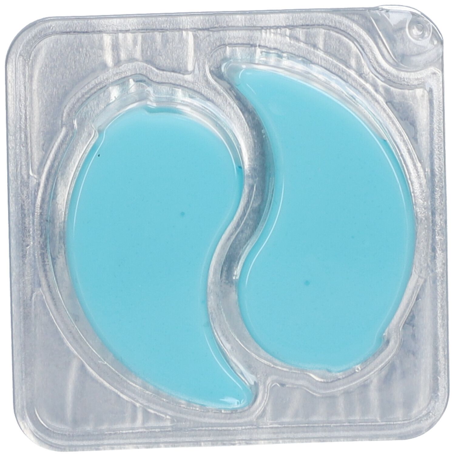 Deux patchs bleus pour les yeux dans un emballage plastique transparent. En forme de goutte.
