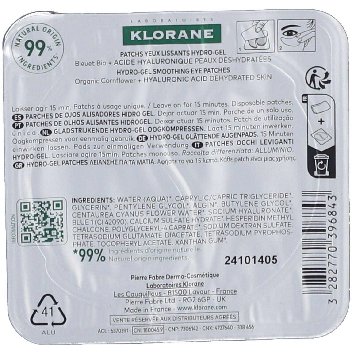 Dos de l'emballage avec informations produit. Texte : Klorane, Patchs yeux lissants hydro-gel.