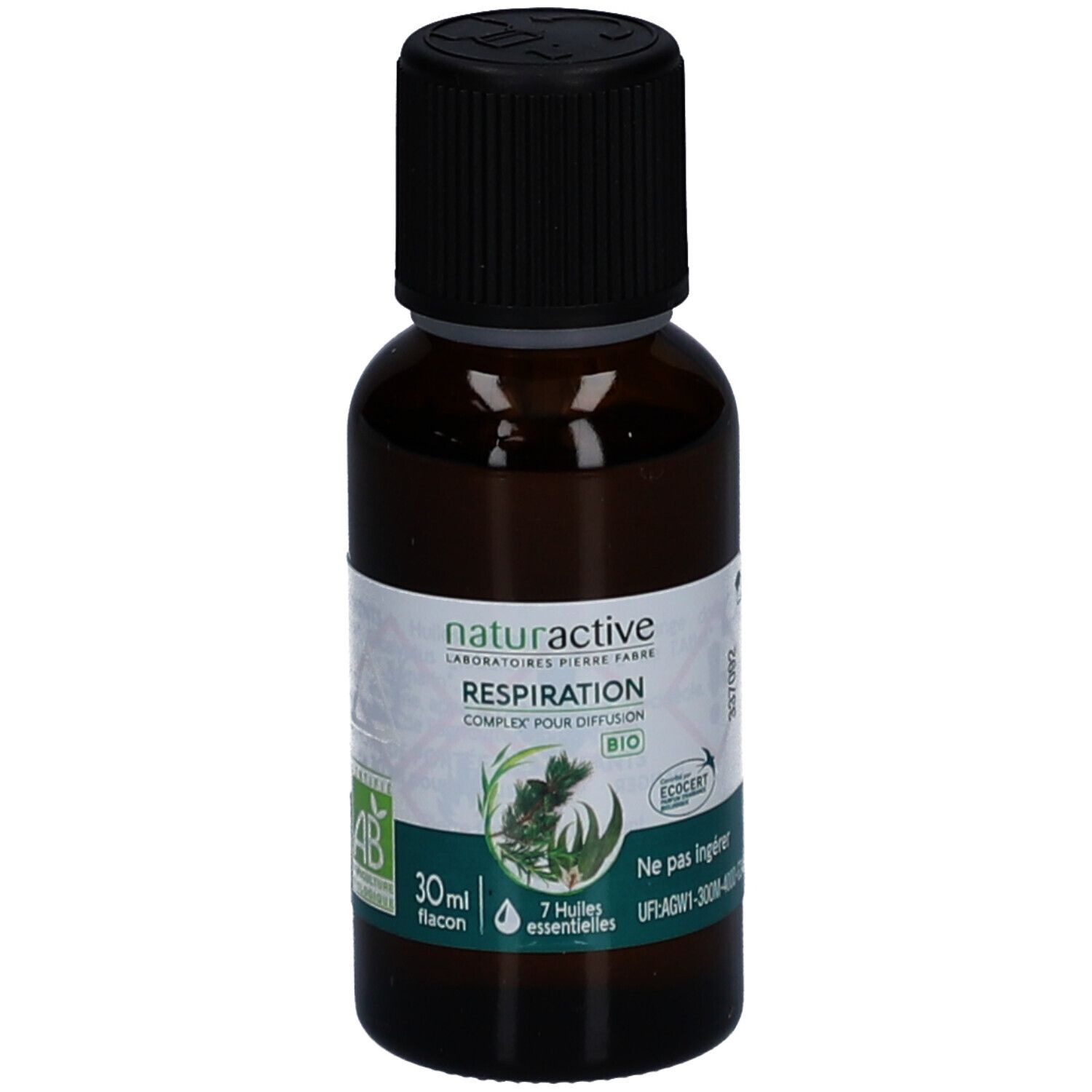 Flacon en verre brun avec bouchon noir. Étiquette avec texte et logo. Certification bio. 30 ml.