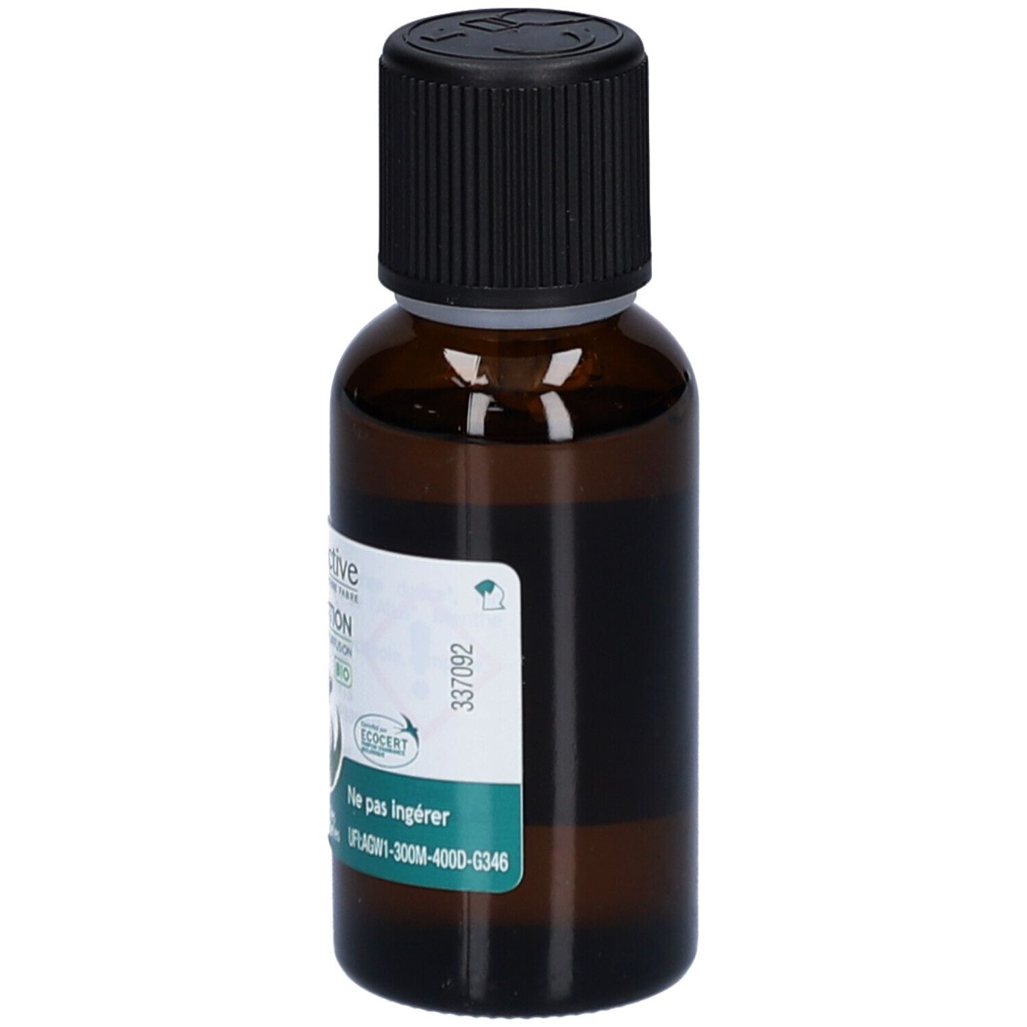 Flacon en verre brun avec bouchon noir. Étiquette avec texte et logo. Certification bio. 30 ml.