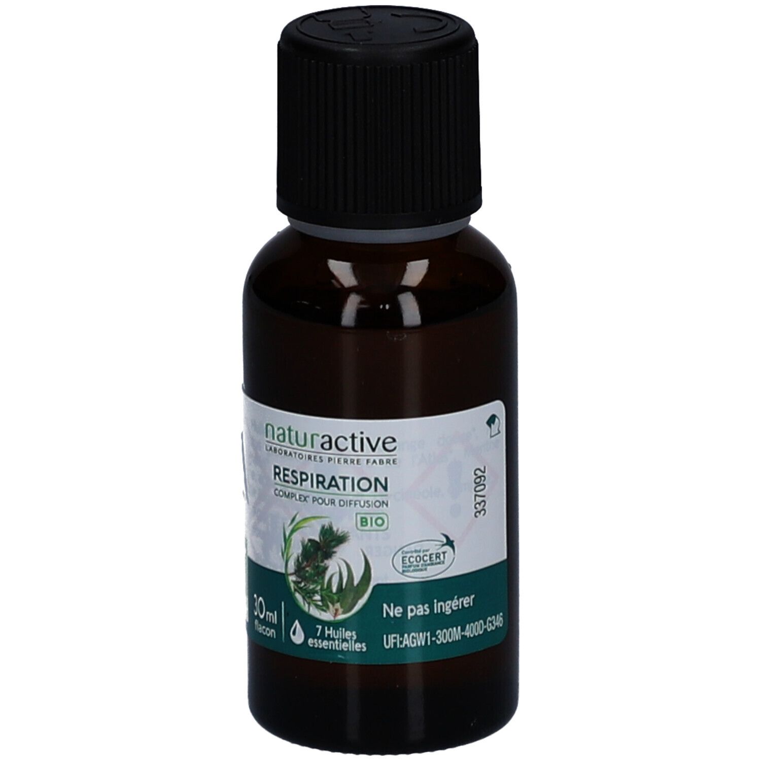 Flacon en verre brun avec bouchon noir. Étiquette avec texte et logo. Certification bio. 30 ml.