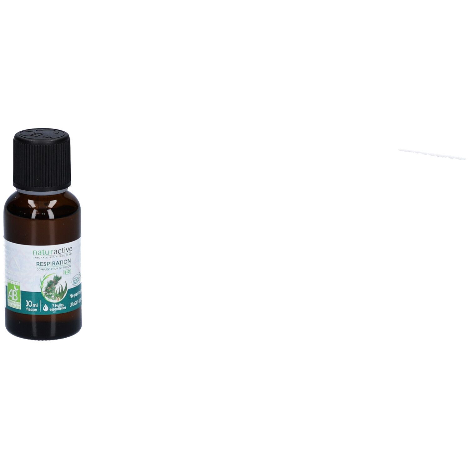 Flacon en verre brun avec bouchon noir. Étiquette avec texte et logo. Certification bio. 30 ml.