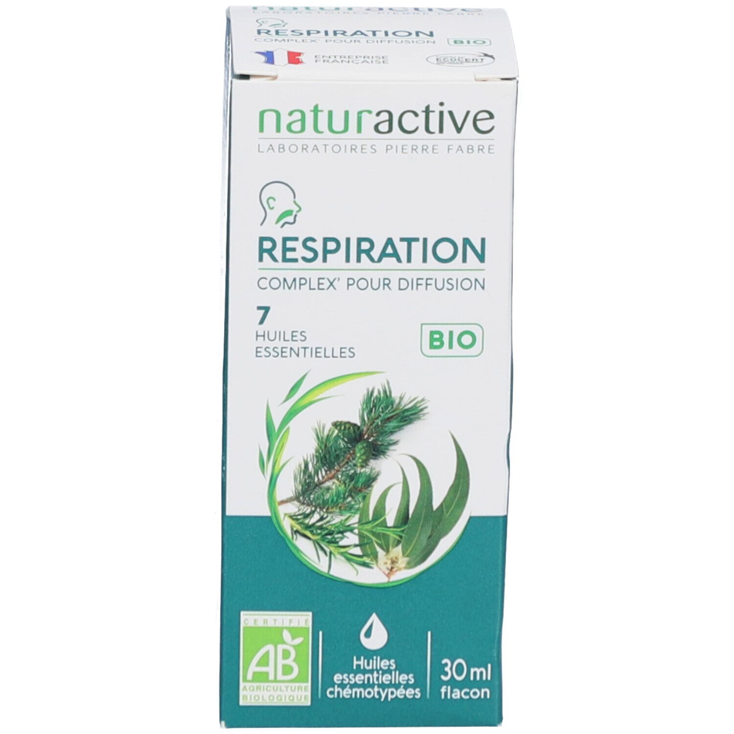 Emballage du produit. Boîte avec logo et texte. Certification bio. 30 ml. 7 huiles essentielles.