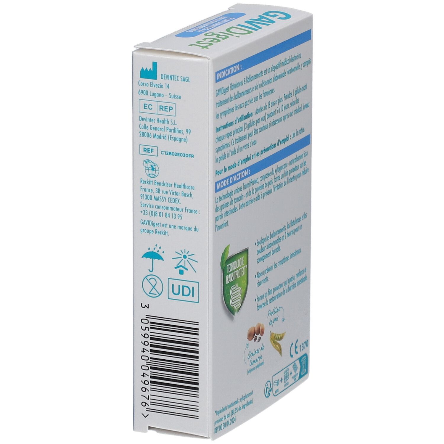Boîte GAVIDigest. Vue latérale de la boîte bleue et blanche avec informations sur le produit et certifications.