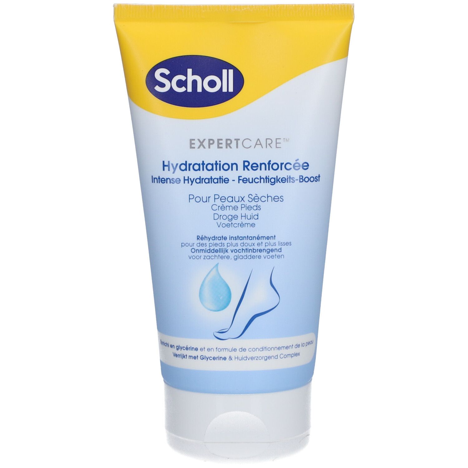 Tube de crème pour les pieds Scholl ExpertCare. Bleu et jaune. Texte: Hydratation Renforcée, Crème Pieds.