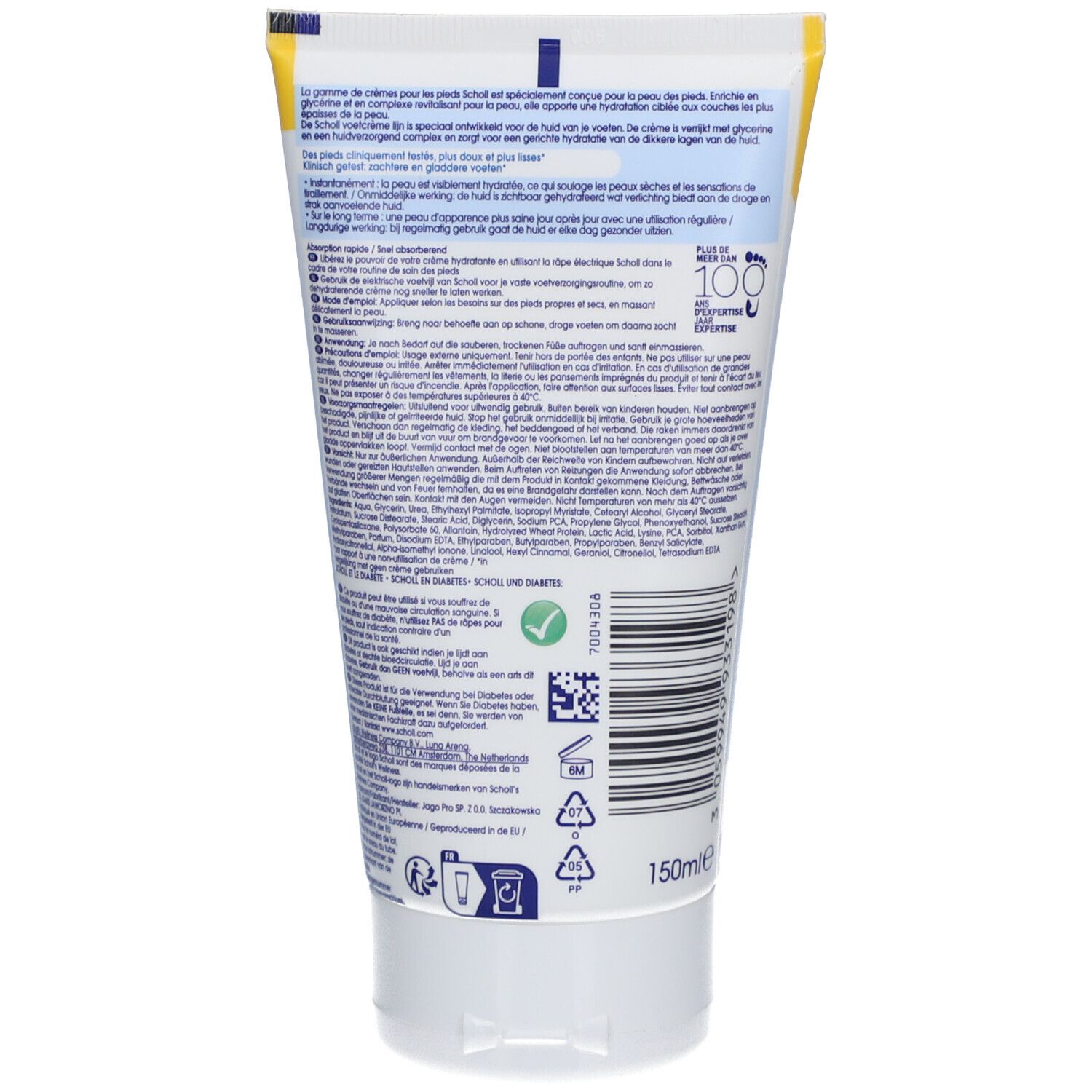 Dos du tube de crème pour les pieds Scholl ExpertCare. Texte et informations sur l'utilisation et les ingrédients.