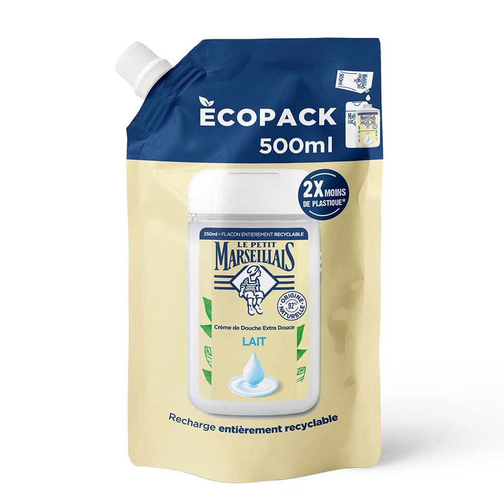 Navulverpakking douchecrème. Blauwe en gele verpakking. Tekst: ÉCOPACK 500ml, 2X minder plastic. Productafbeelding.